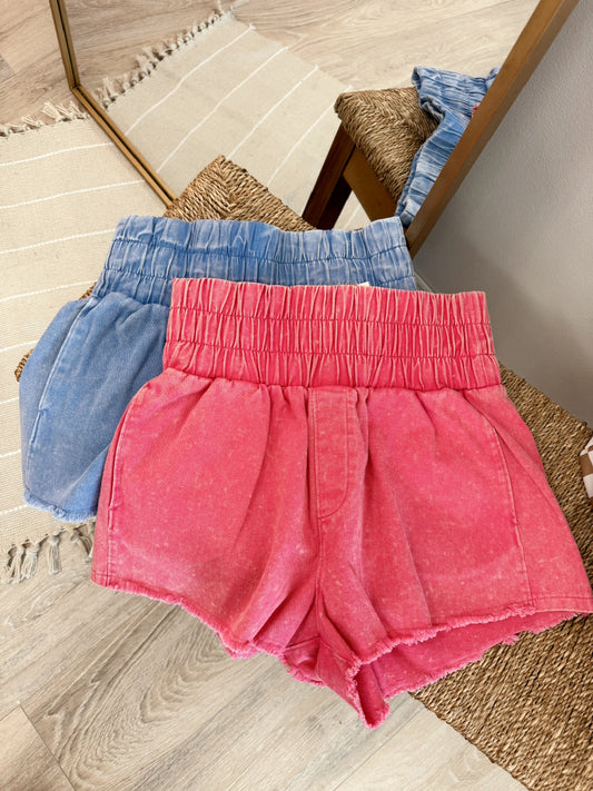 High-waist Washed Twill Mini Shorts W/ Pockets