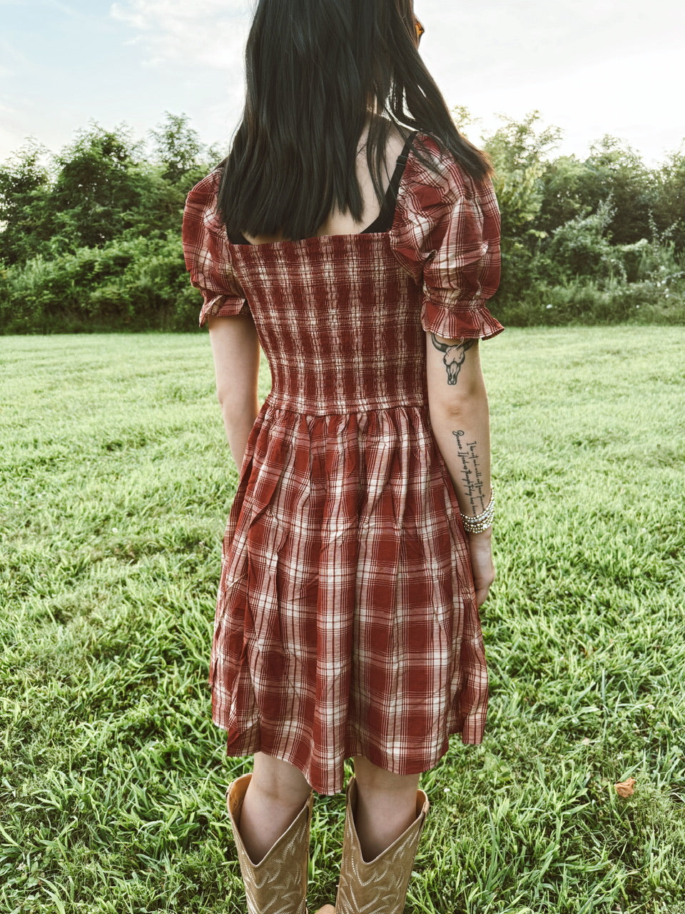 Plaid Smocked Puff Sleeve Midi Dress