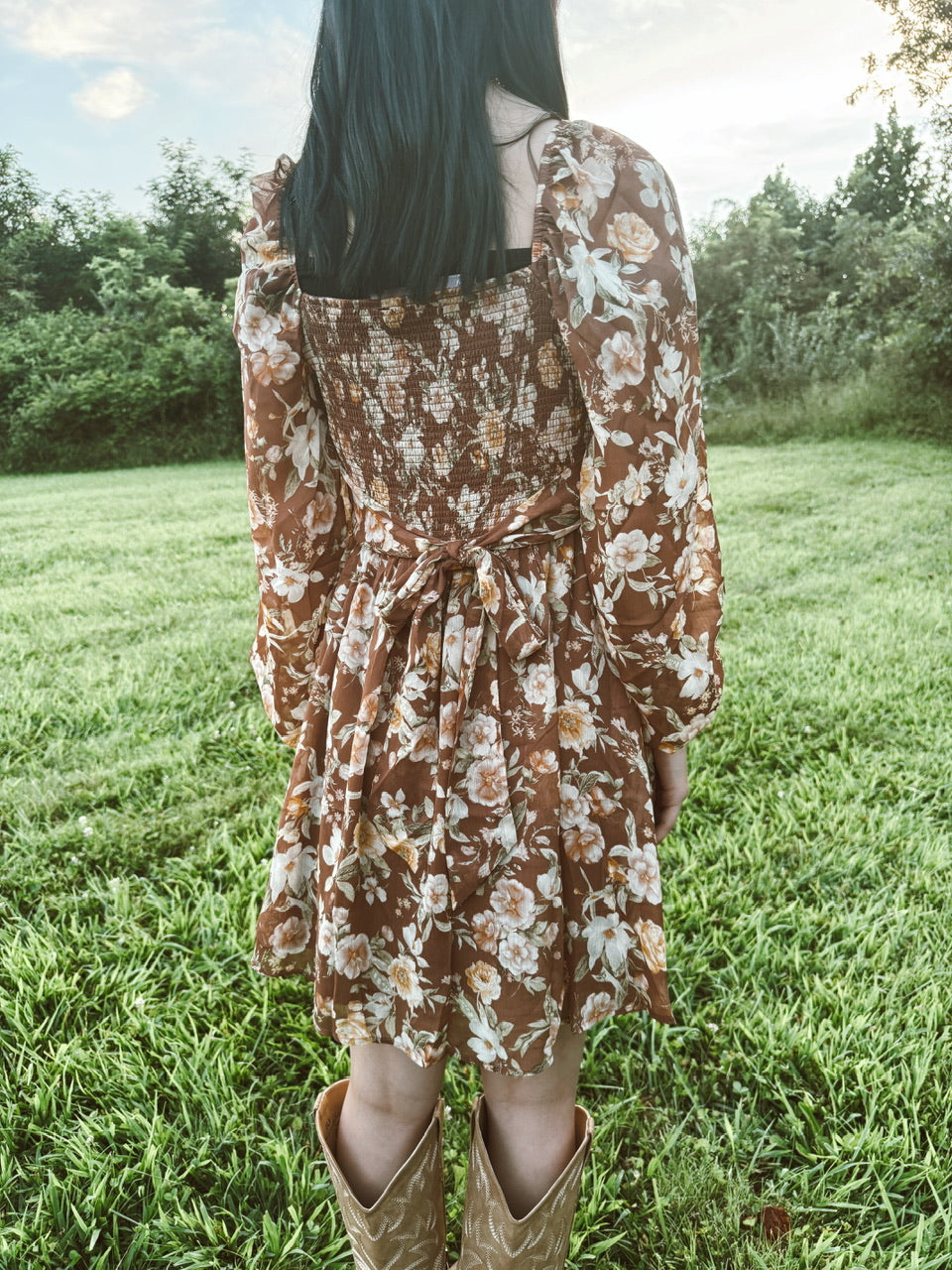 Floral Sweetheart Long Sleeve Back Tie Mini Dress