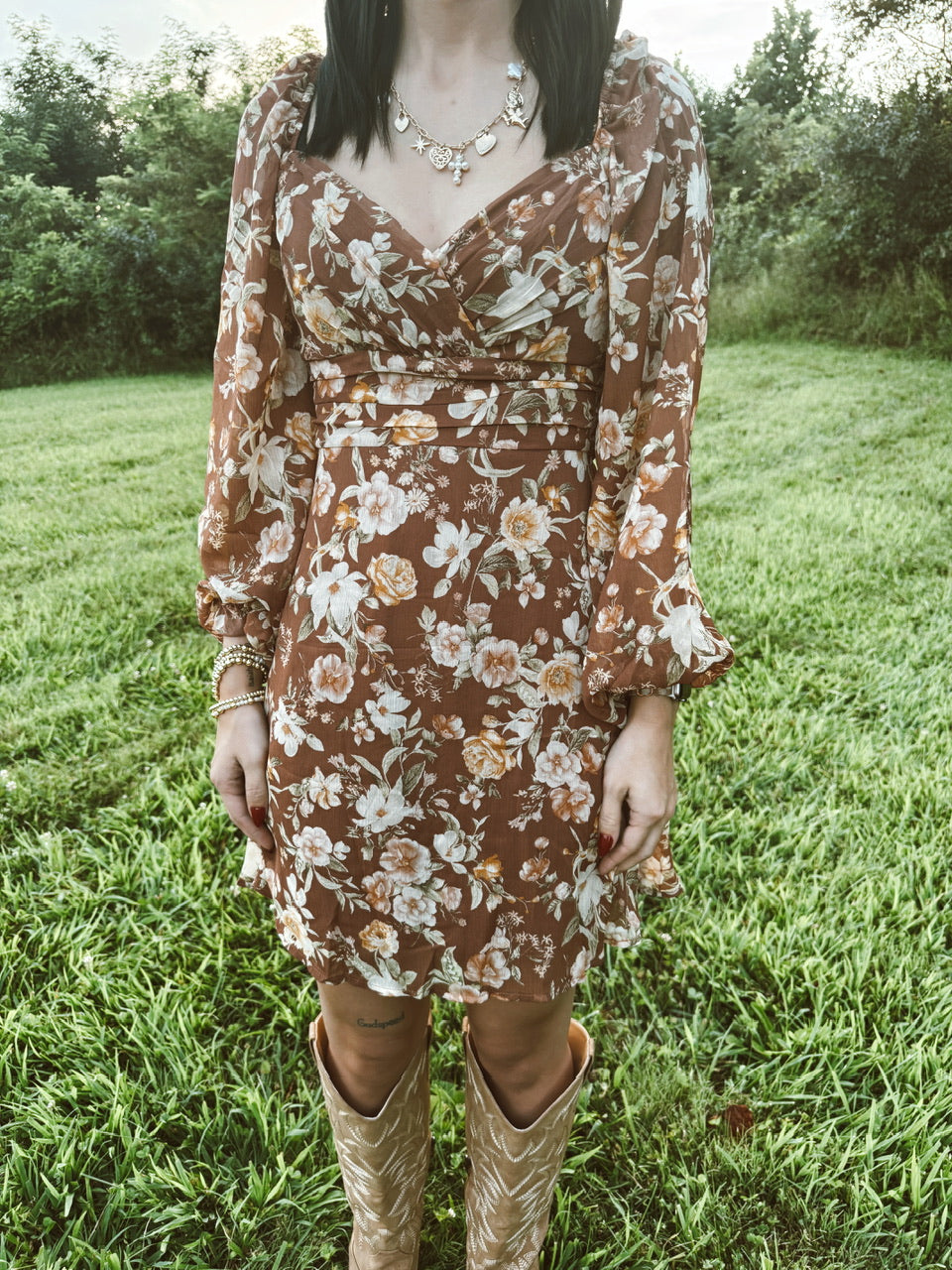 Floral Sweetheart Long Sleeve Back Tie Mini Dress