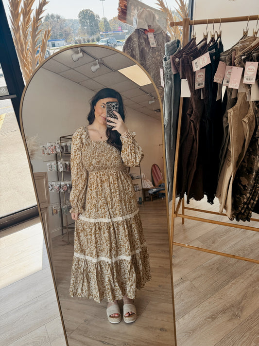 Floral Smocked Waist Contrast Lace Detail Dress