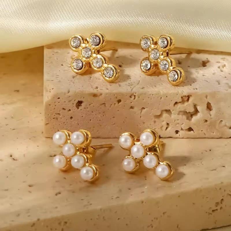 18K Cross pearl studs