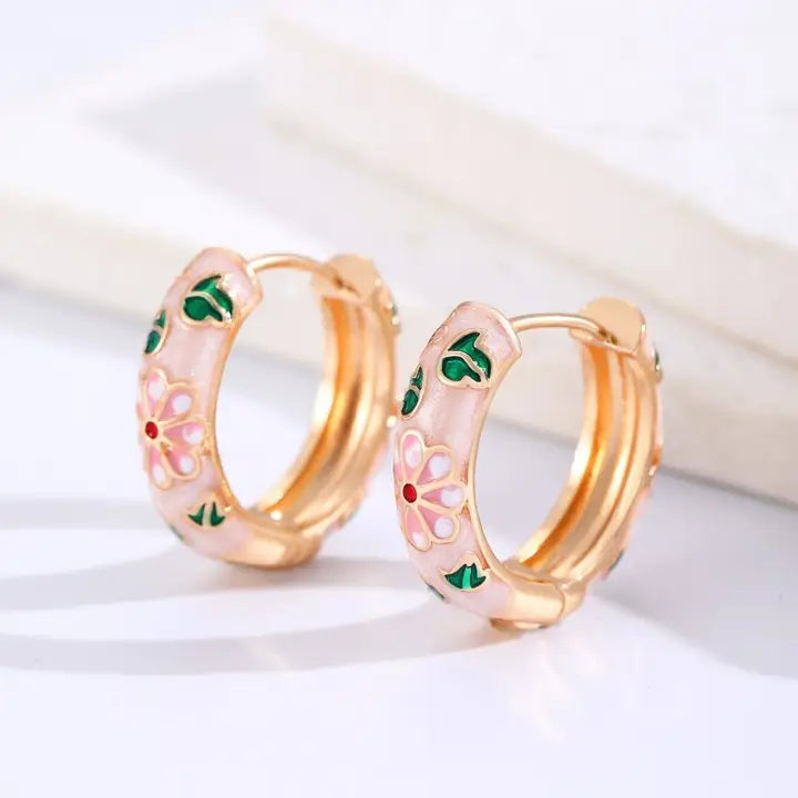 Vintage Cloisonne Enamel Floral Hoop Earrings