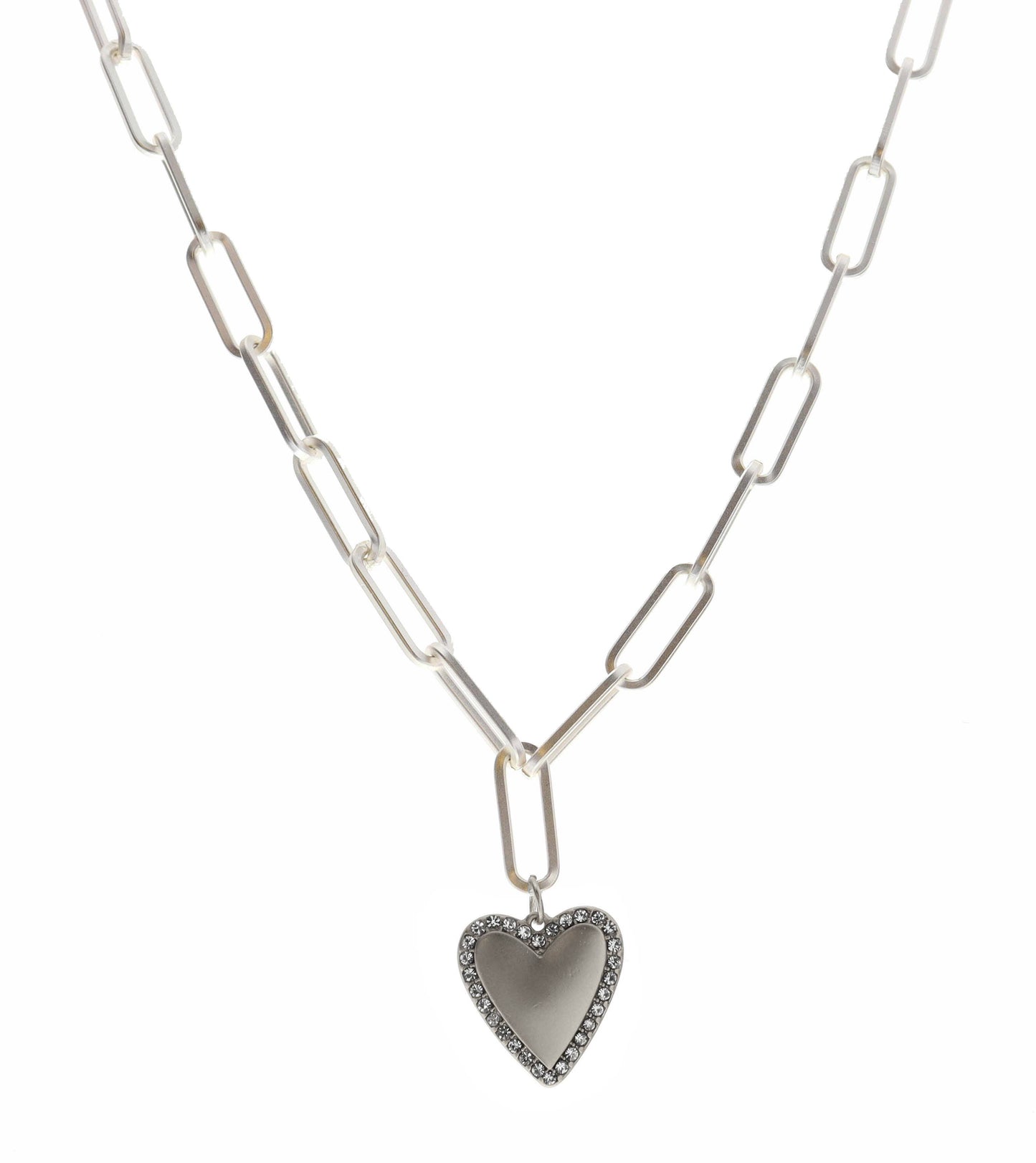16" Silver Heart with Crystal Outline Necklace