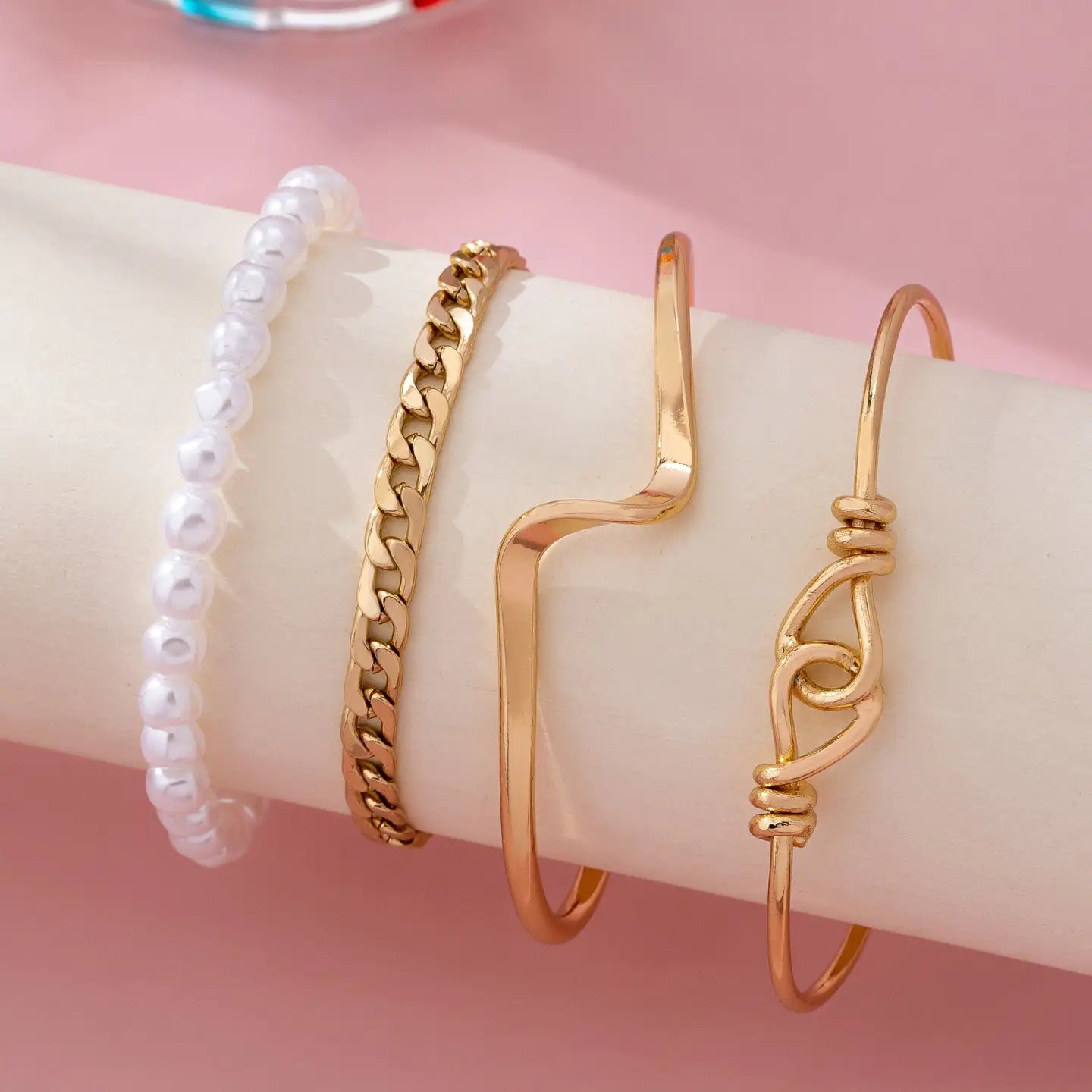 Gold Pearl Heart Charm Multi Bracelet Set