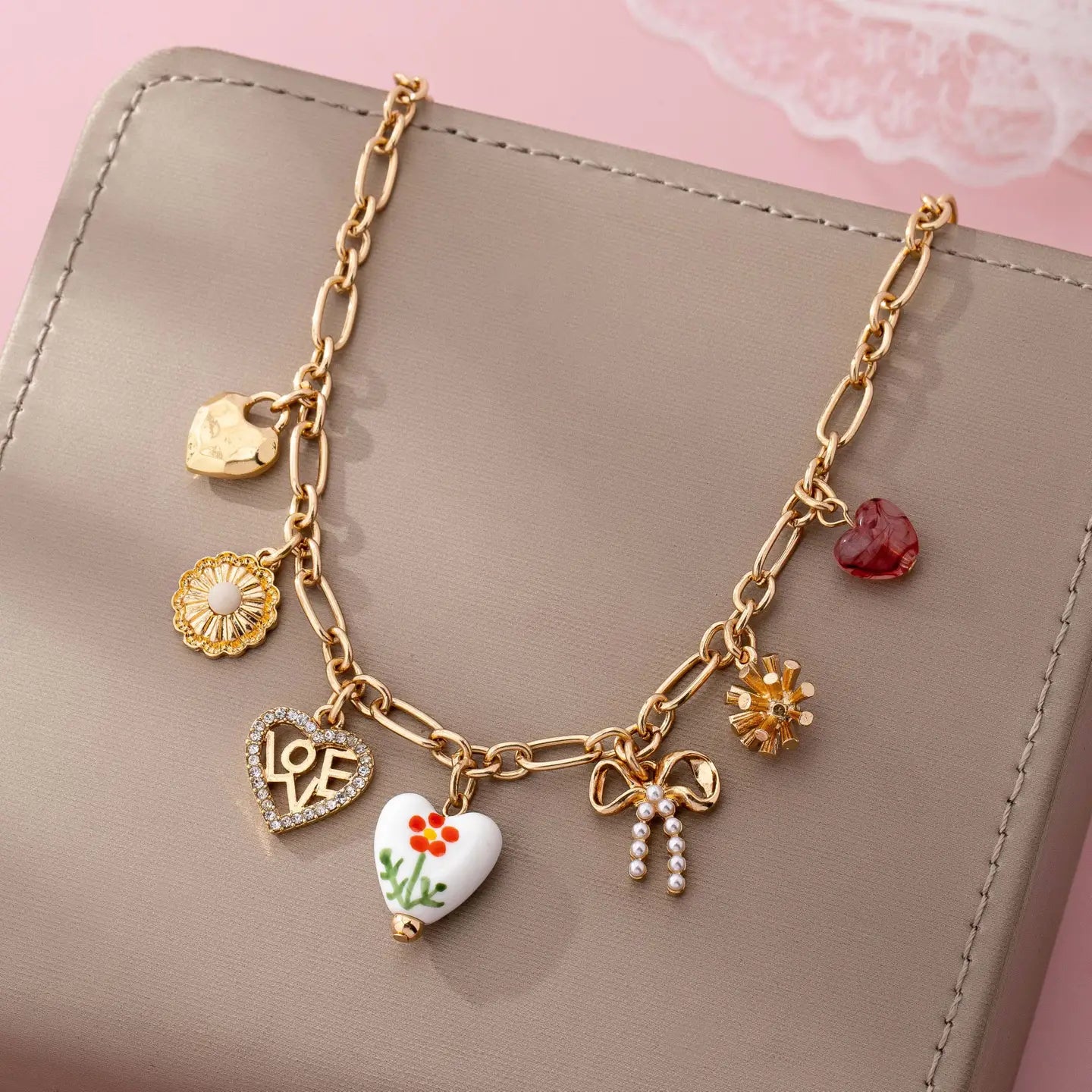 Gold Figaro Chain Multi-Charm Statement Necklace