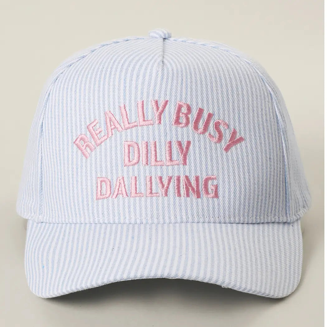 REALLY BUSY DILLY DALLYING Embroidered Seersucker Stripe Hat Blue