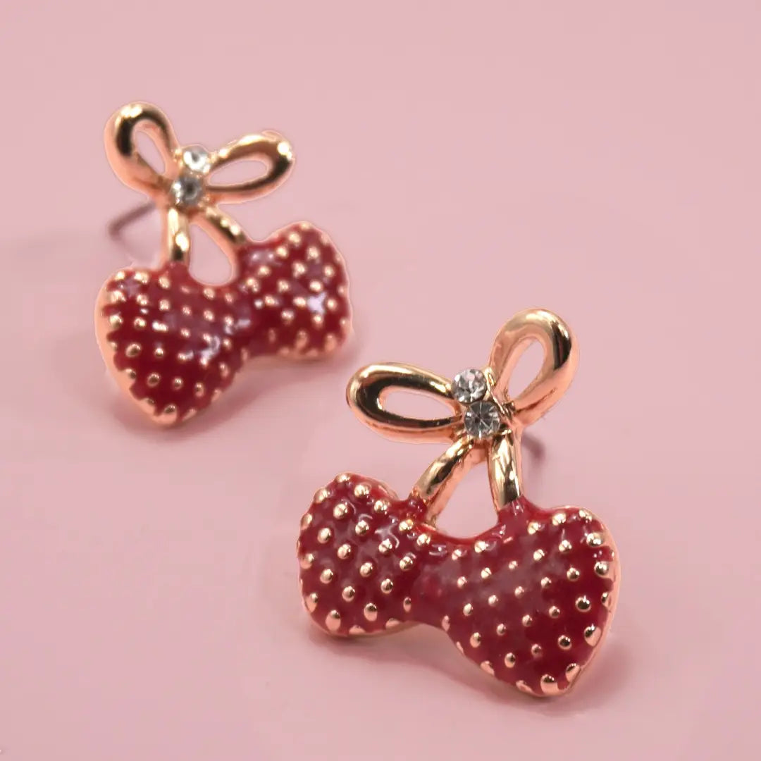 Cute Bow Double Heart Cherry Stud Earrings