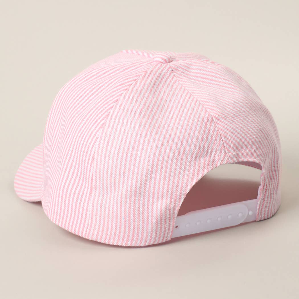 REALLY BUSY DILLY DALLYING Embroidered Seersucker Stripe Hat Pink
