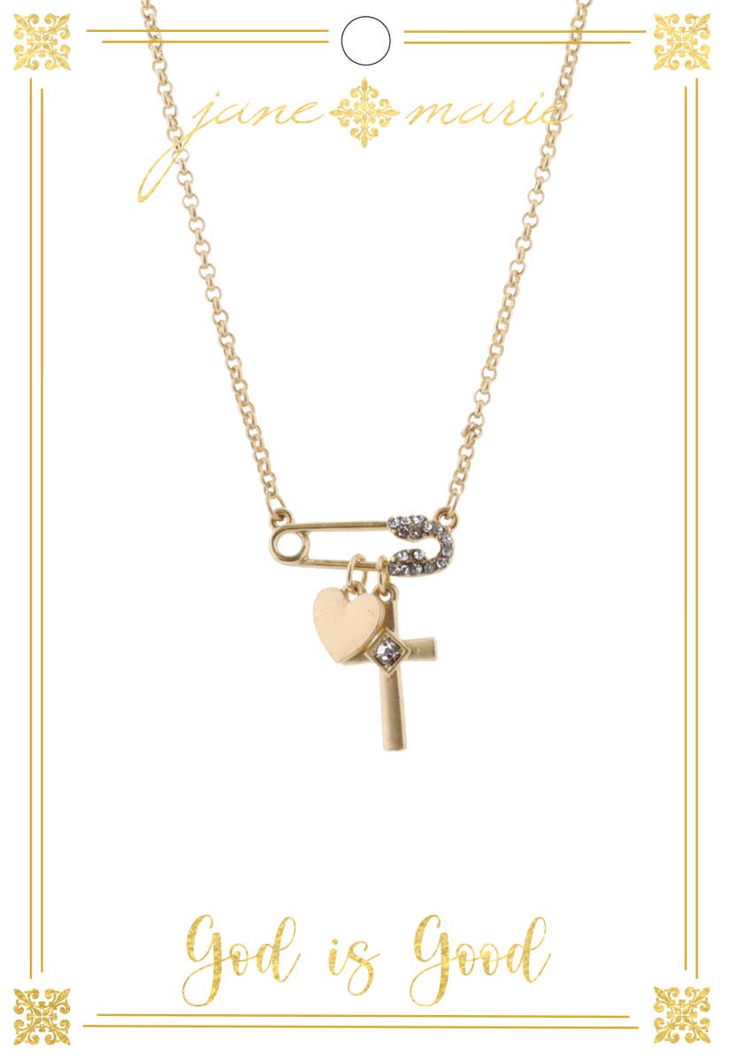 16" Gold Pin with Cross and Heart Charms Chain Necklace