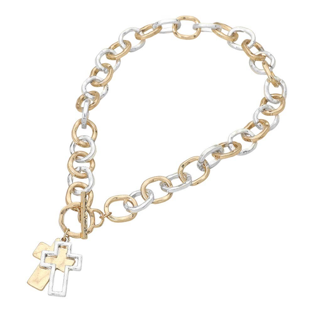 Mixed Metal Cross Toggle Necklace