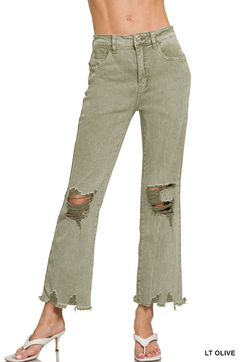 Acid Washed High Waist Distressed Straight Pants (4 colors)