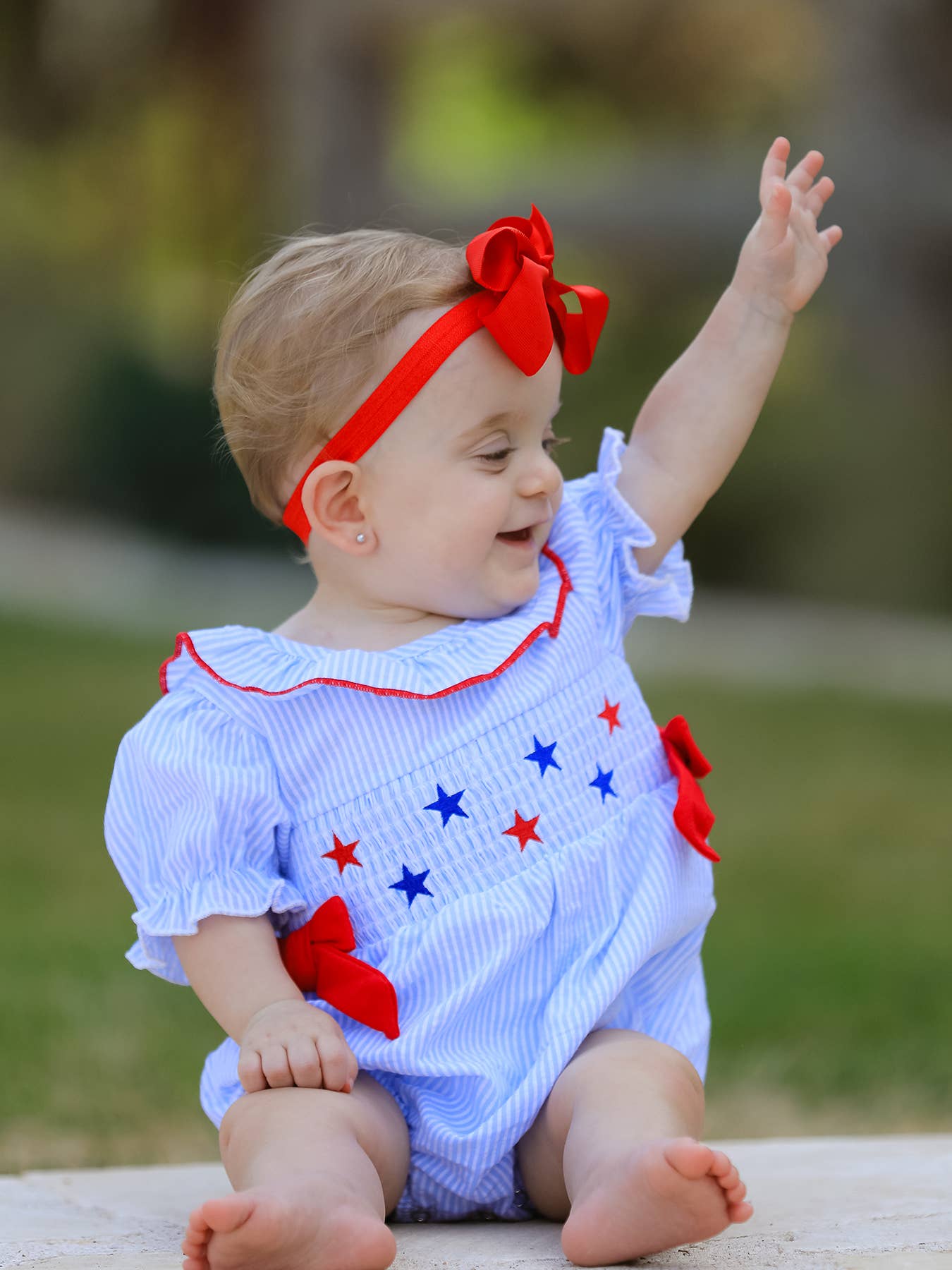 4th of july Girls' Smocking Star Embroidered Romper
