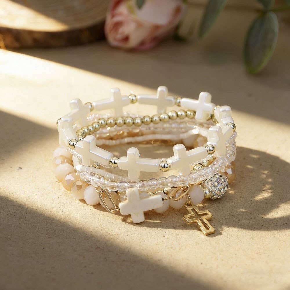 Cross Charm Beaded Bracelet Set