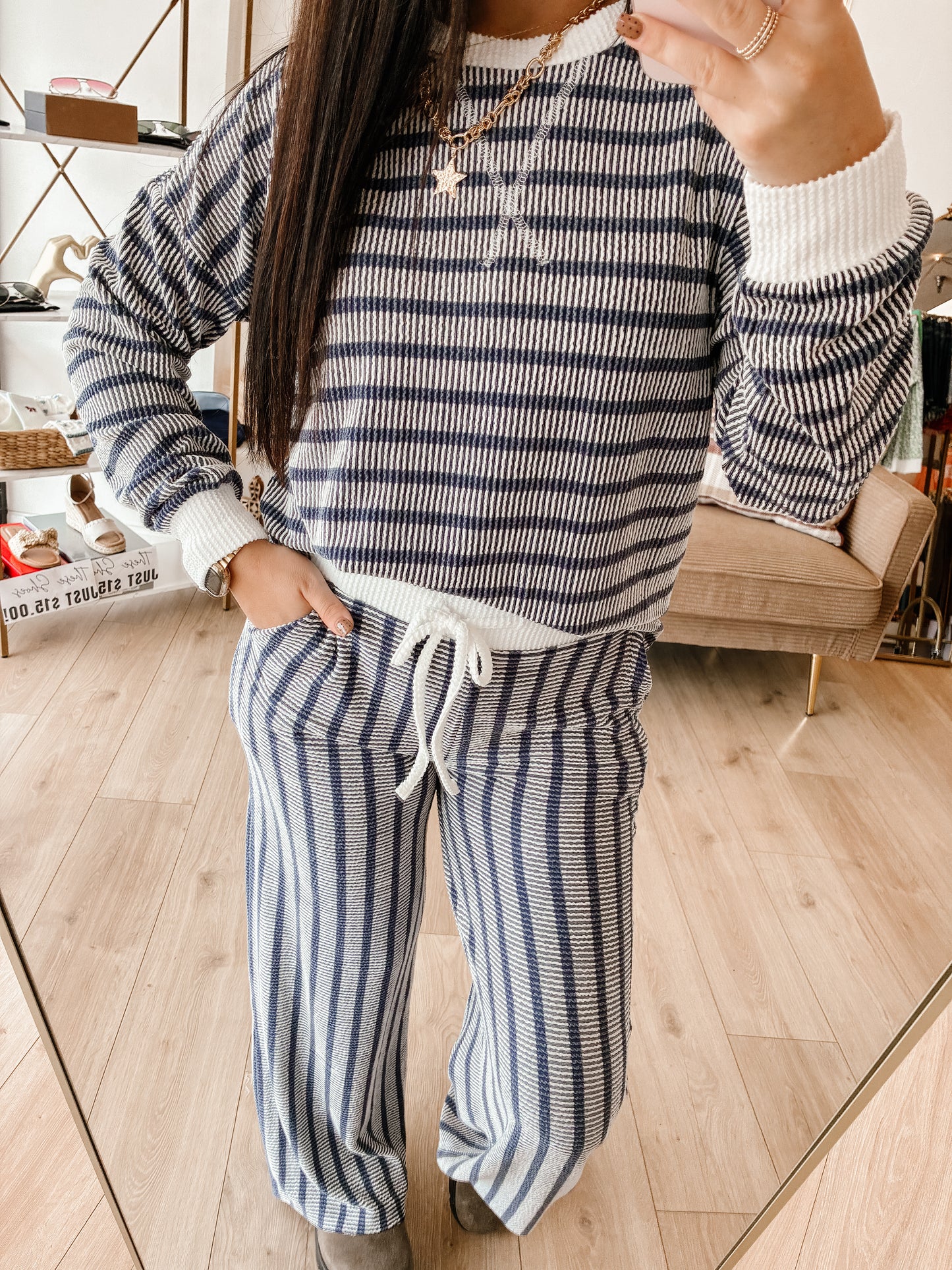 Striped Up Raised Rib Pants Set - Navy