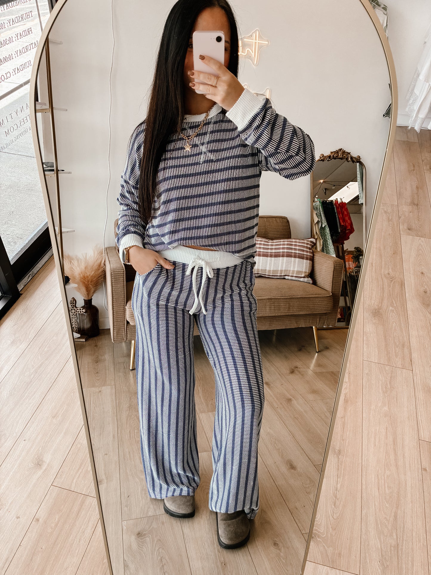 Striped Up Raised Rib Pants Set - Navy