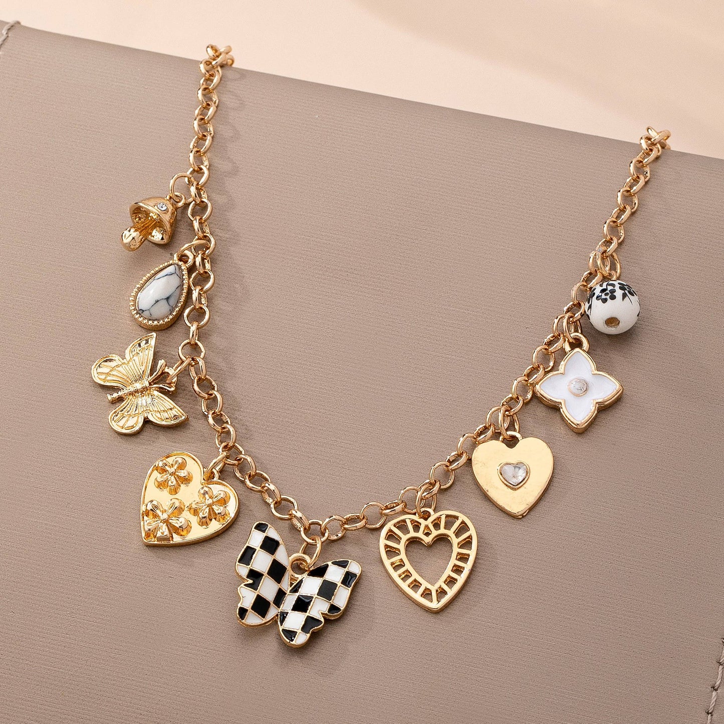 Charm Necklace-Hearts & Checker Butterflies