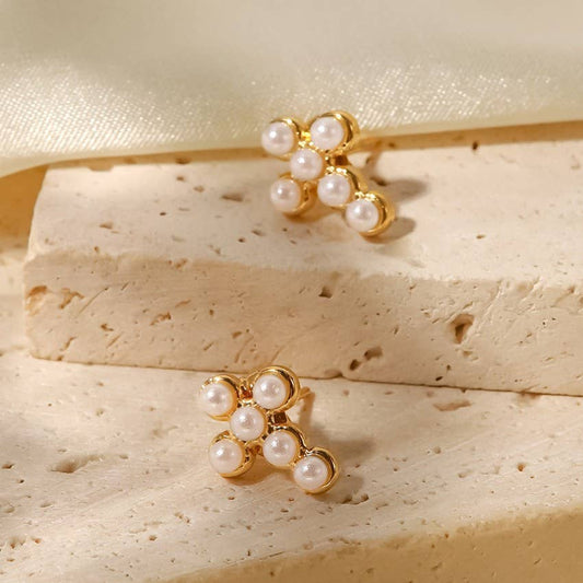 18K Cross pearl studs