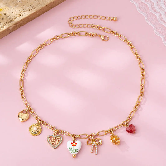 Gold Figaro Chain Multi-Charm Statement Necklace