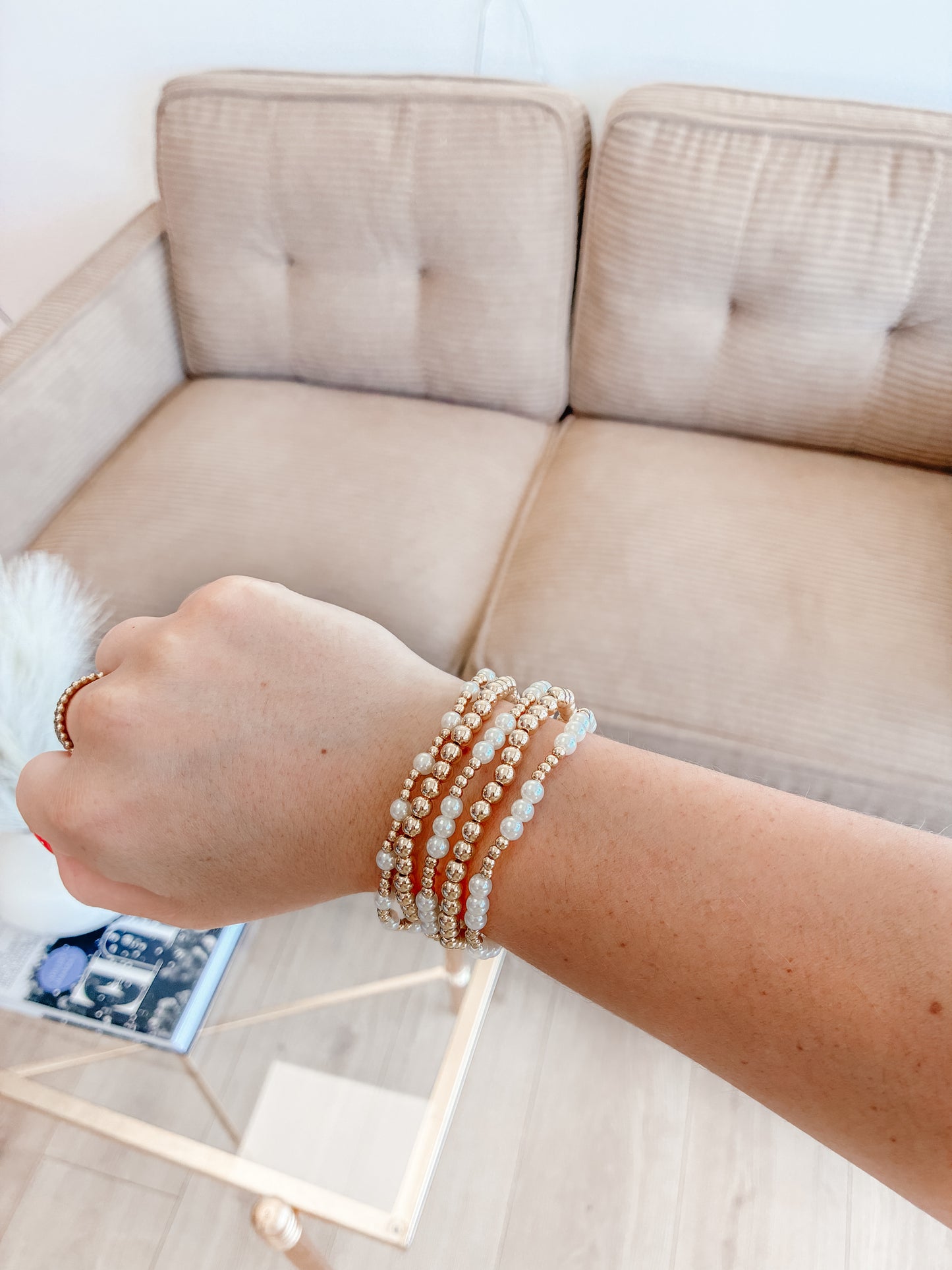 Gold Pearl Beaded Bracelet Set