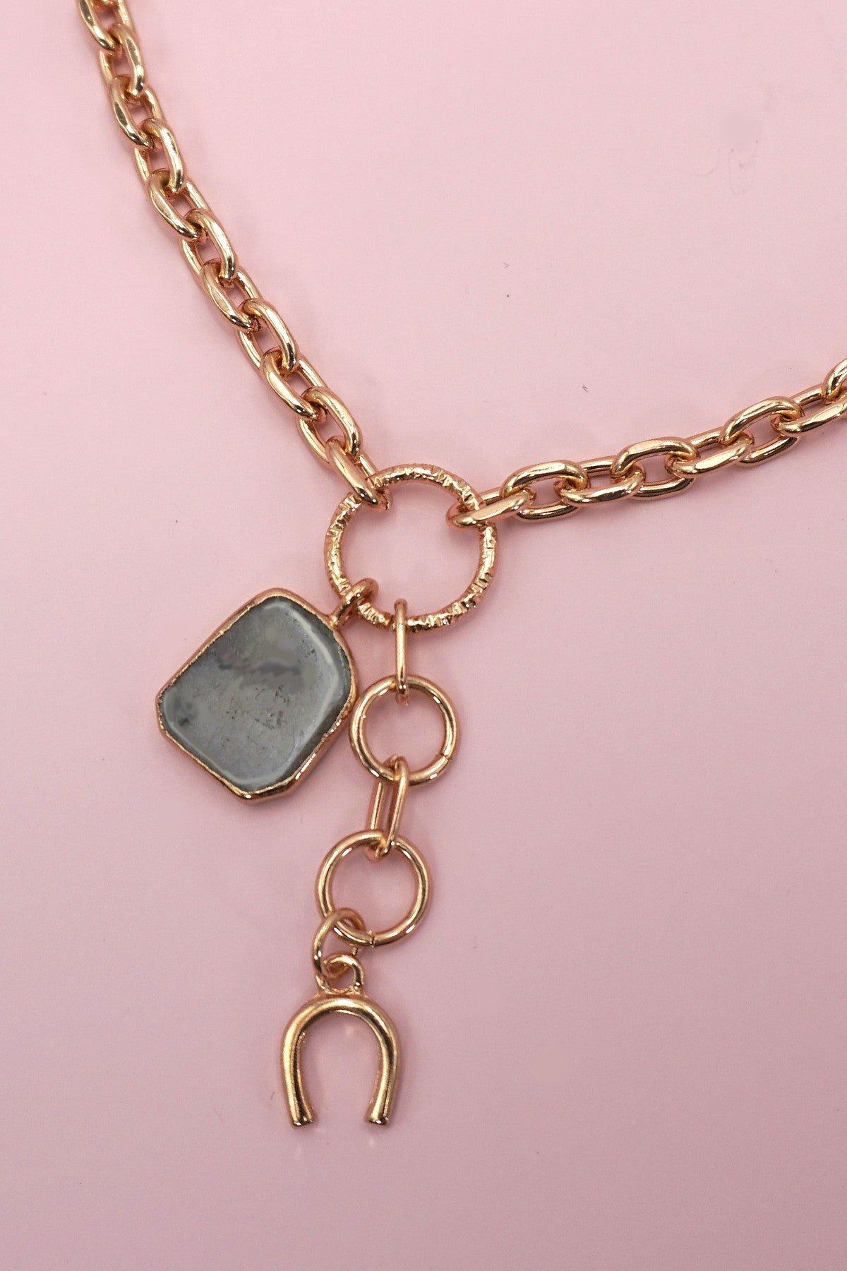 Grey Stone Horseshoe Drop Chain Neck