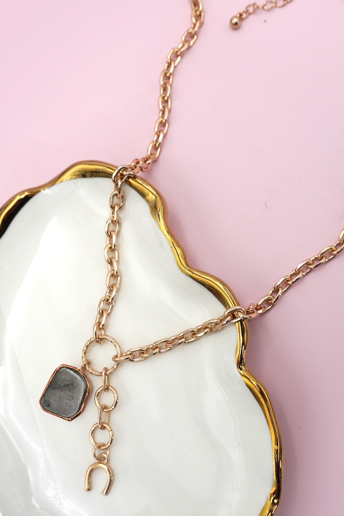 Grey Stone Horseshoe Drop Chain Neck