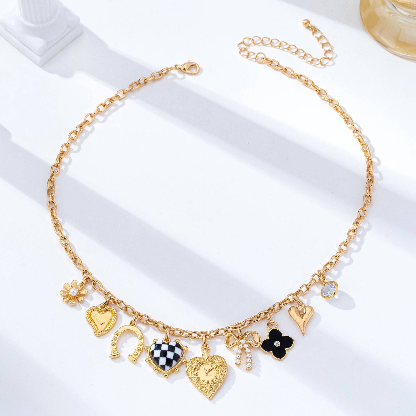 Checkered Heart Bow Multi-Charm Link Necklace