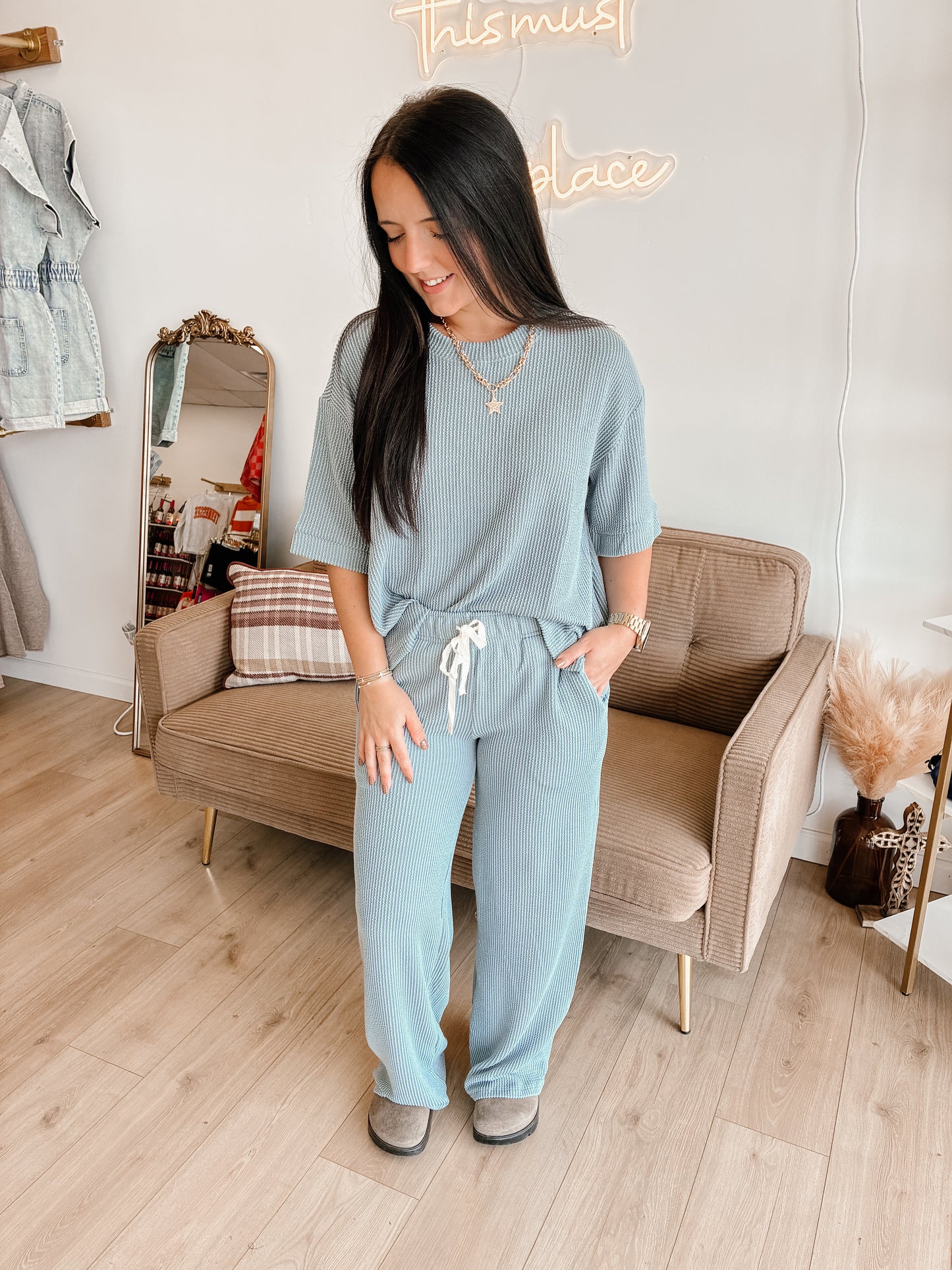 Raised Rib Short Sleeve Tee & Pants Set (7 colors)
