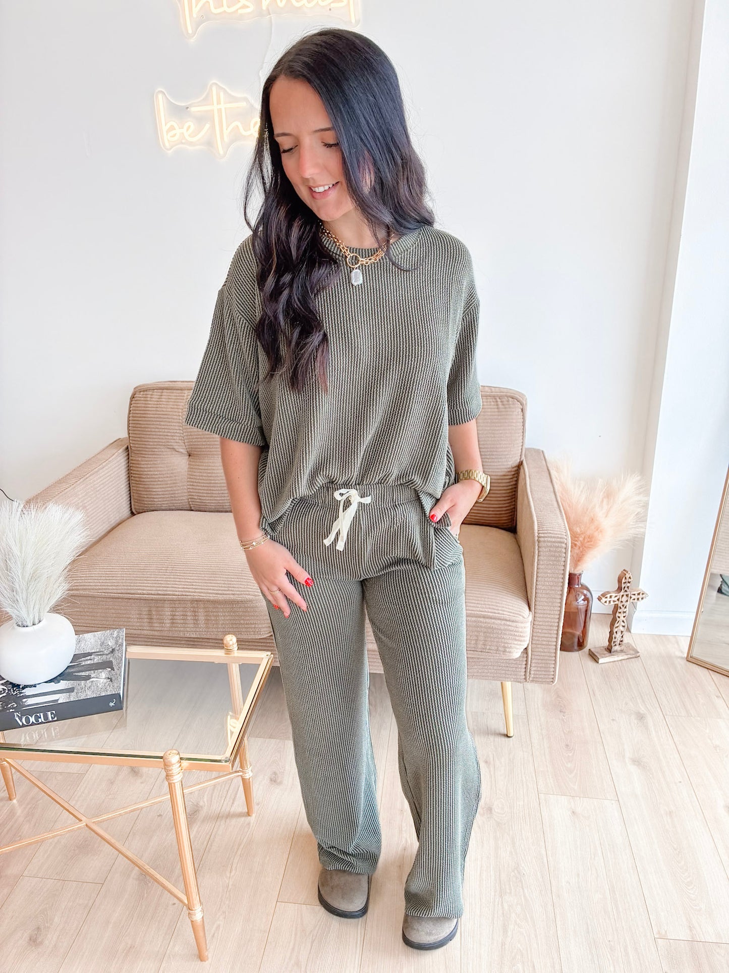 Raised Rib Short Sleeve Tee & Pants Set (7 colors)