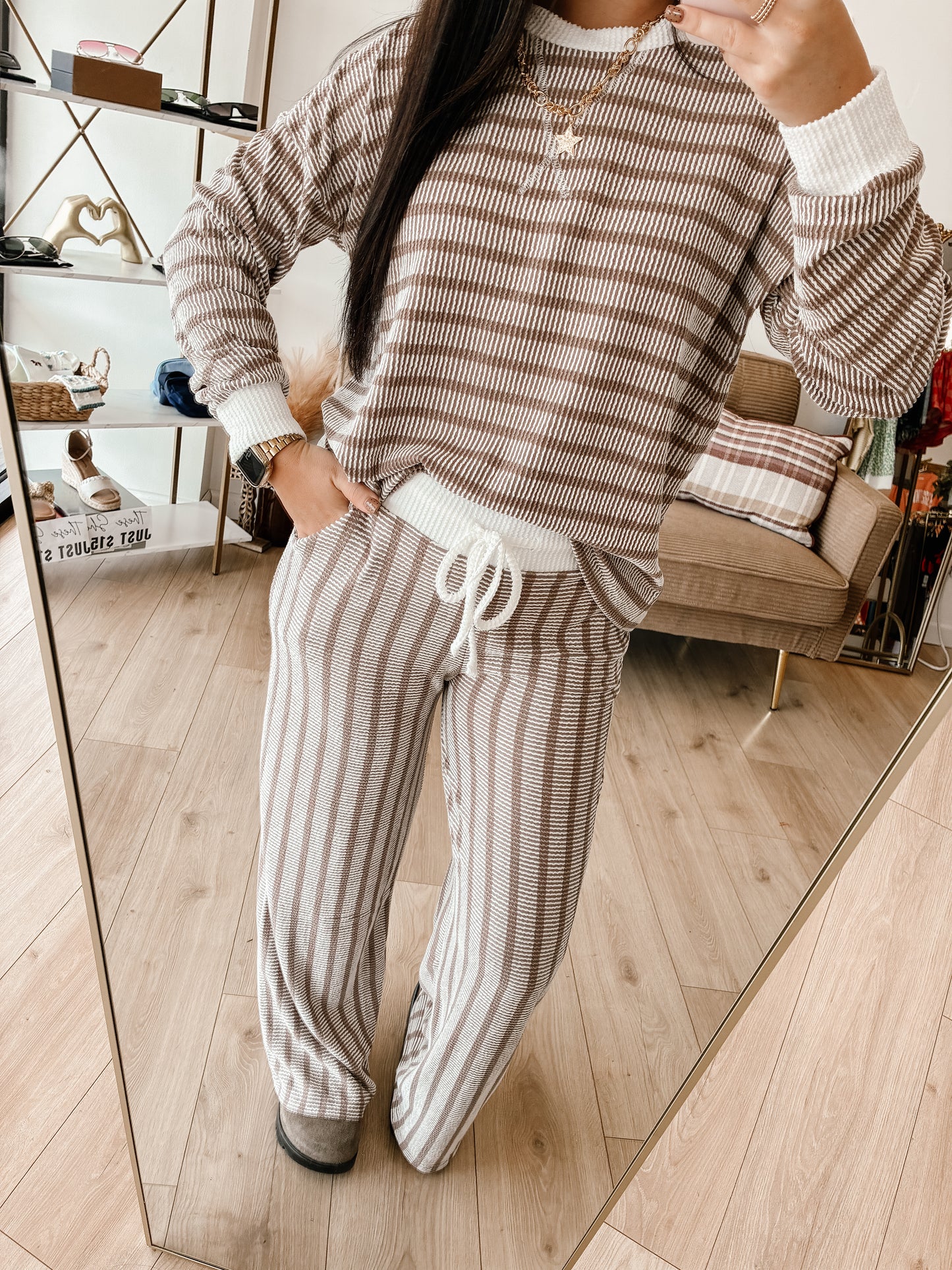 Striped Up Raised Rib Pants Set - Mocha