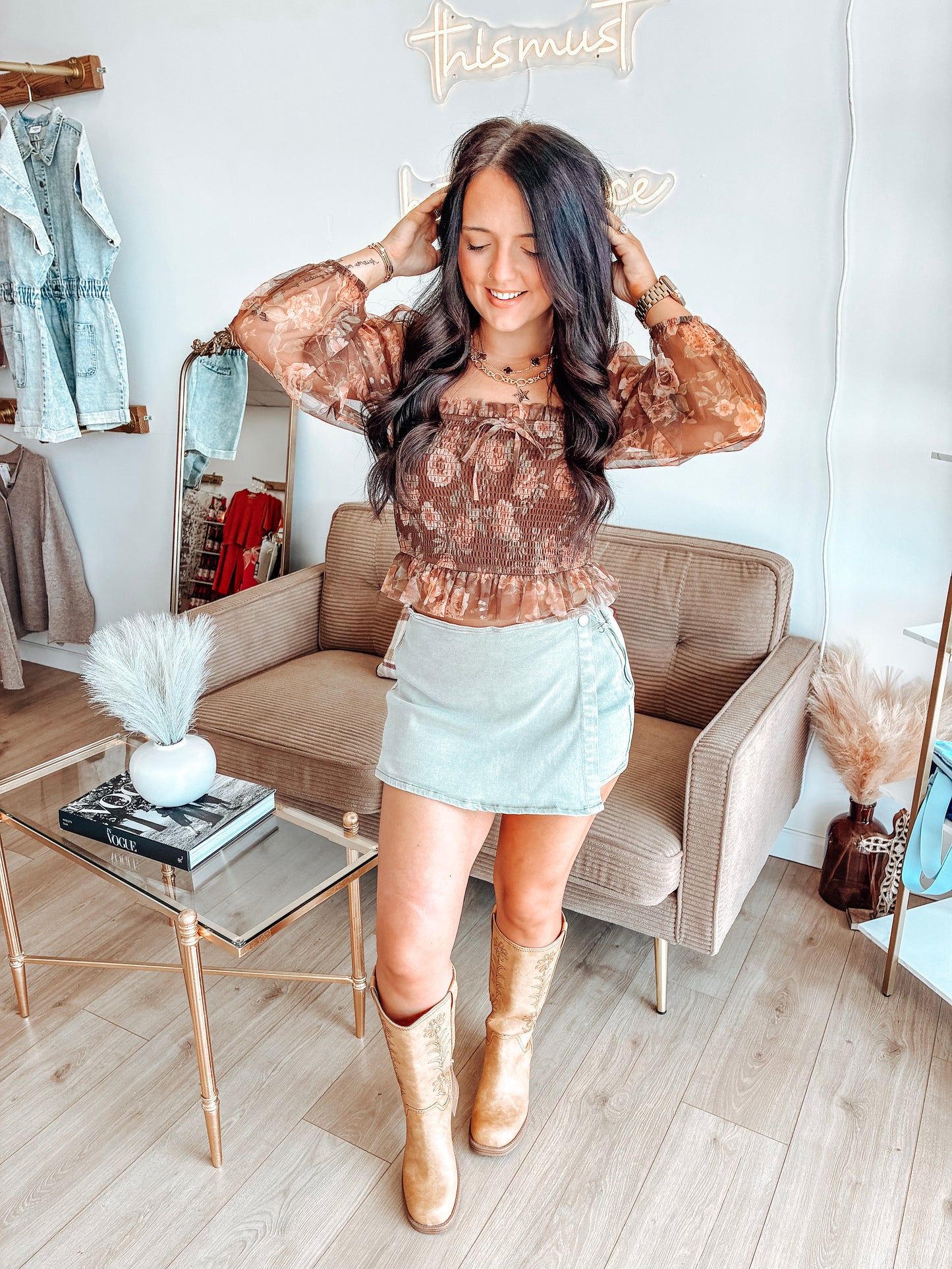 Turning Seasons Denim Skort - Olive