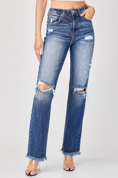 RISEN High Rise Straight Knee Distressed Jeans