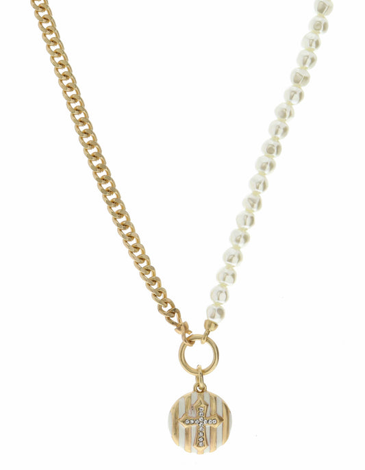 18" Half Pearl, Half Gold Chain, Cross, Circle Necklace