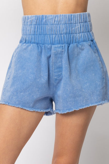 High-waist Washed Twill Mini Shorts W/ Pockets