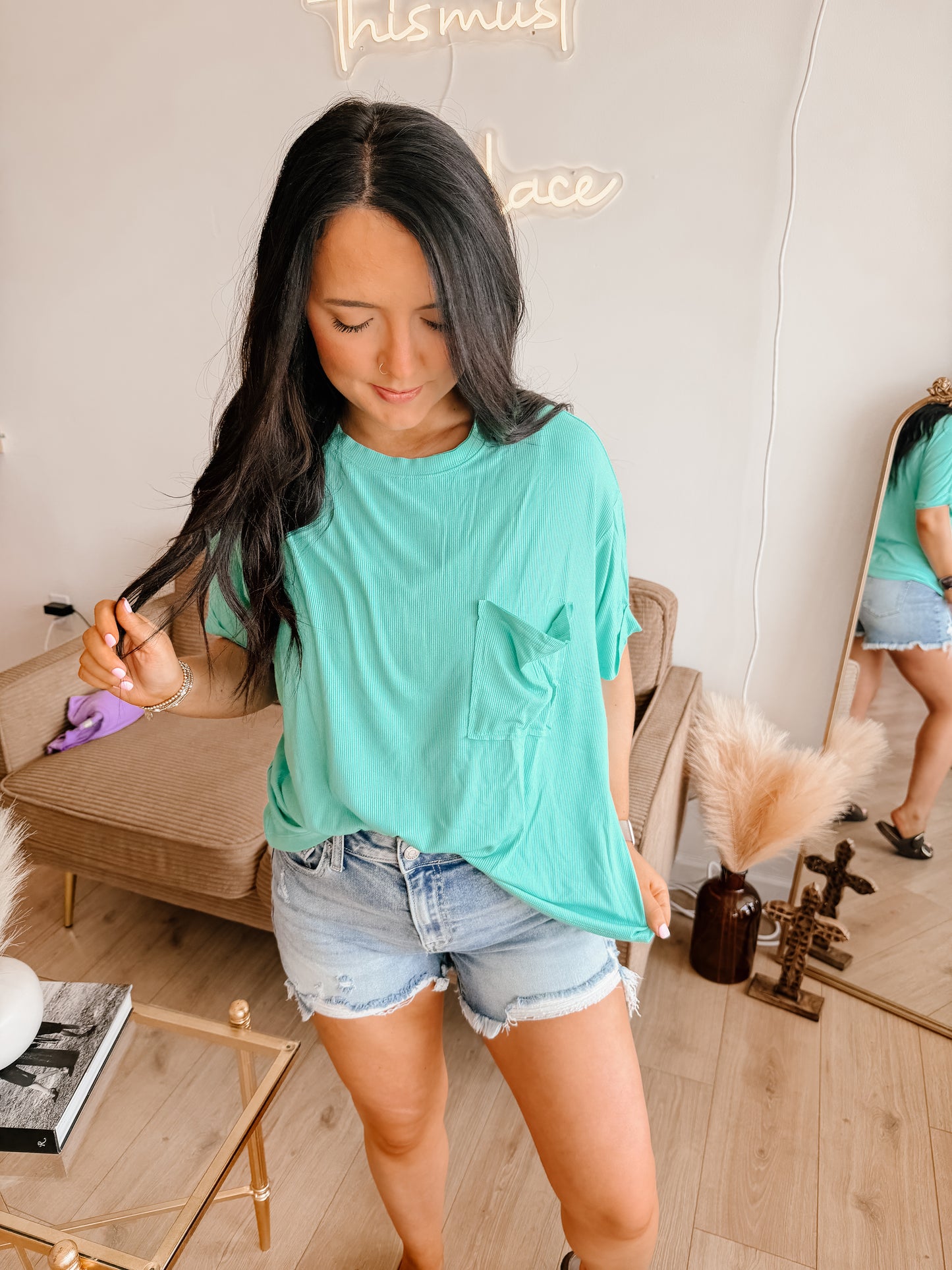 Oversized Ribbed Round Neck Short Sleeve Tee