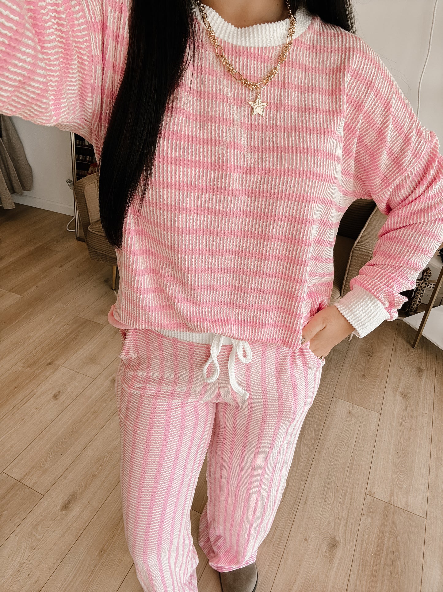 Striped Up Raised Rib Pants Set - Candy Pink