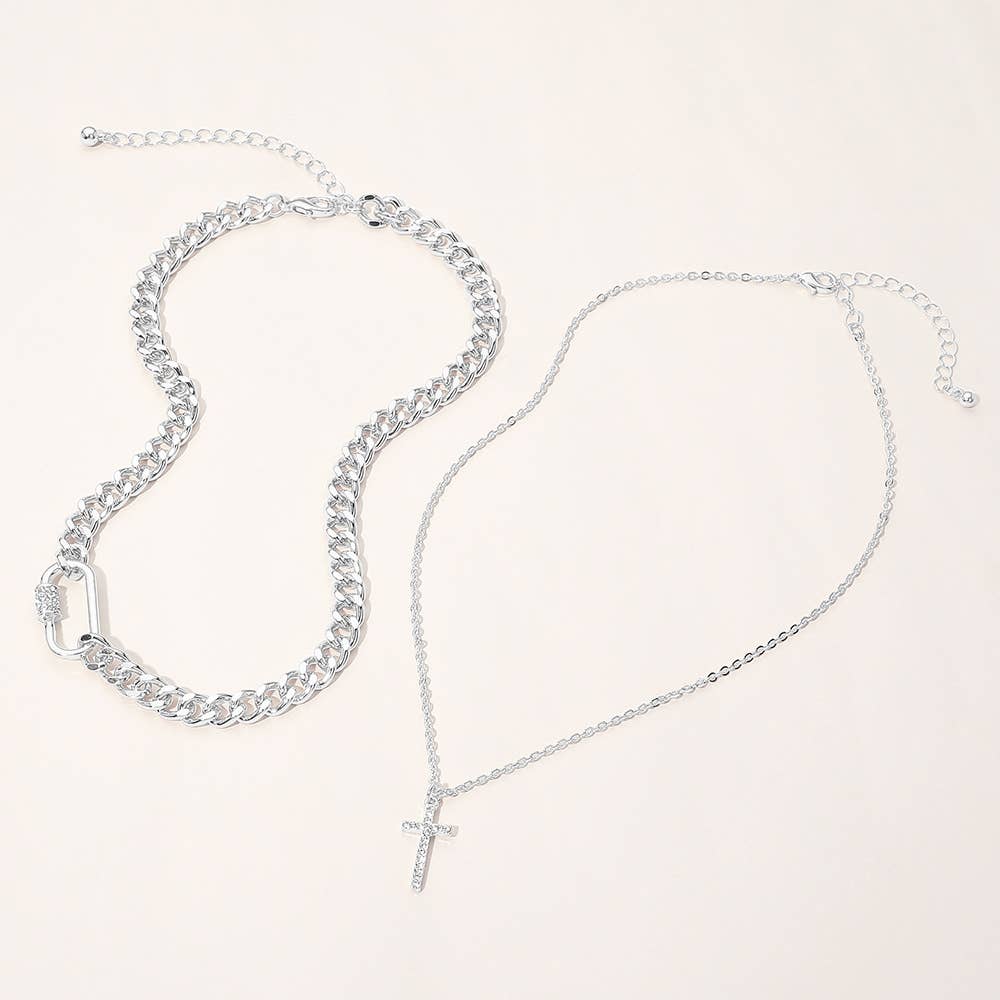 Gold Dipped Cross Stacked Necklaces - Silver