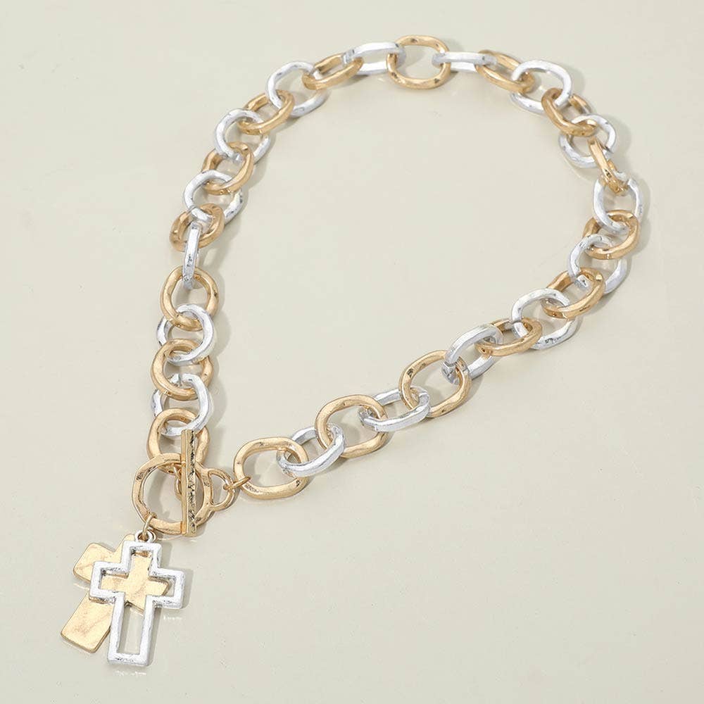 Mixed Metal Cross Toggle Necklace
