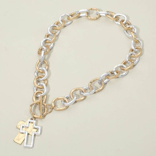 Mixed Metal Cross Toggle Necklace