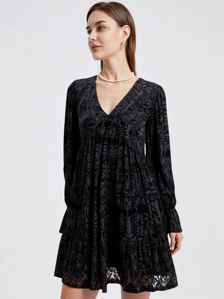 Deep V-neck Jacquard Velvet Holiday Mini Dress