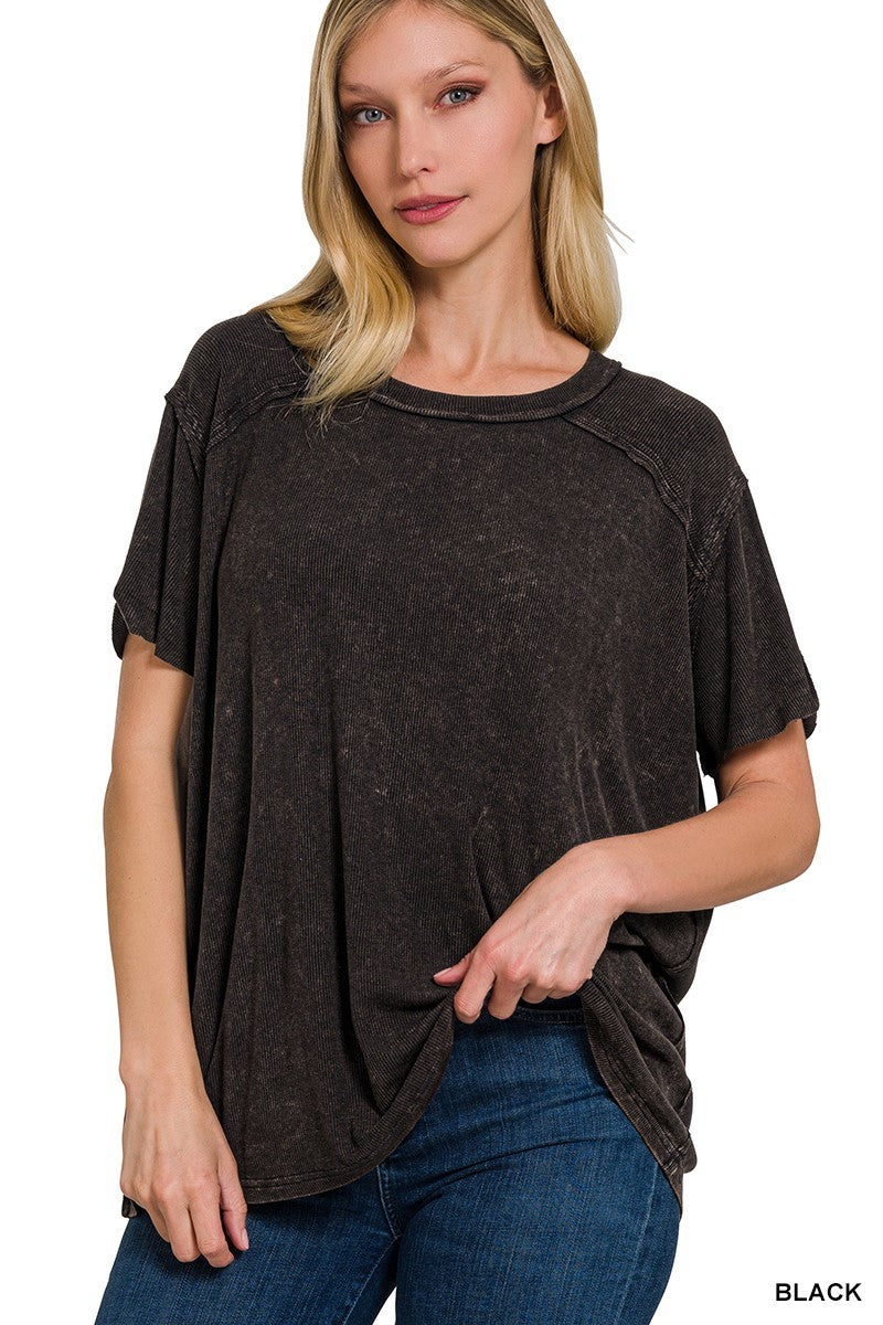 Washed Ribbed Short Sleeve Boat-neck Top ( 2 colors )