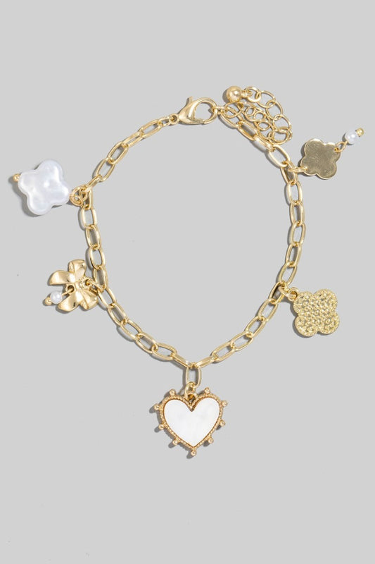 Pearl And Metallic Clover Bow And Heart Charms Chain Bracelet