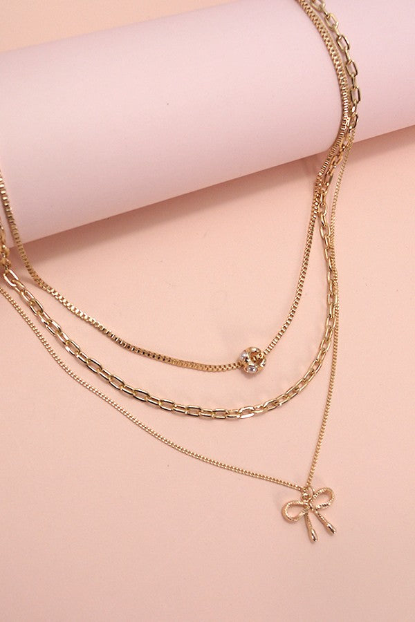 Multi Layer Pearl Bow Cahrm Necklace