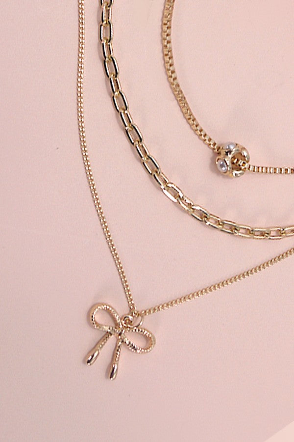 Multi Layer Pearl Bow Cahrm Necklace