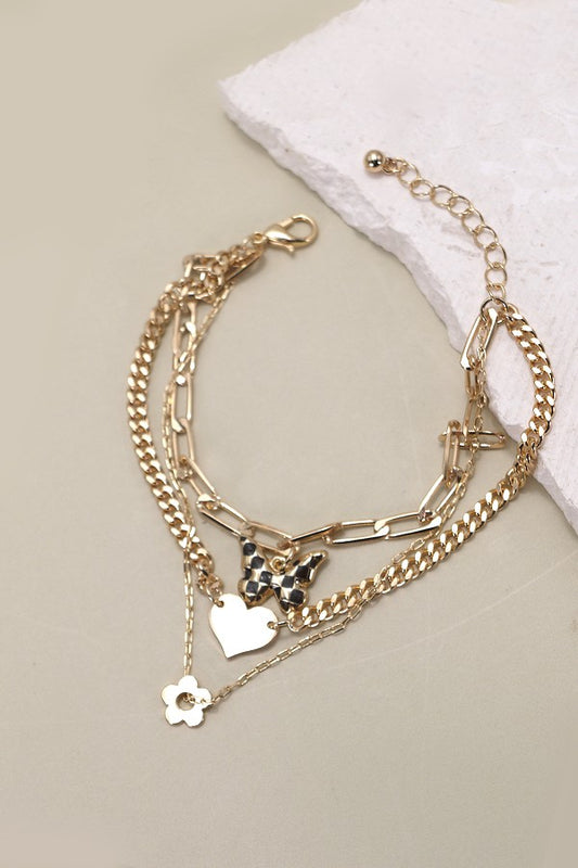 Multi Layer Checker Butterfly Heart Bracelet