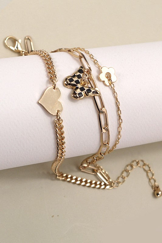 Multi Layer Checker Butterfly Heart Bracelet