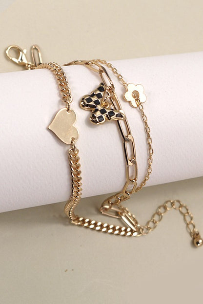 Multi Layer Checker Butterfly Heart Bracelet