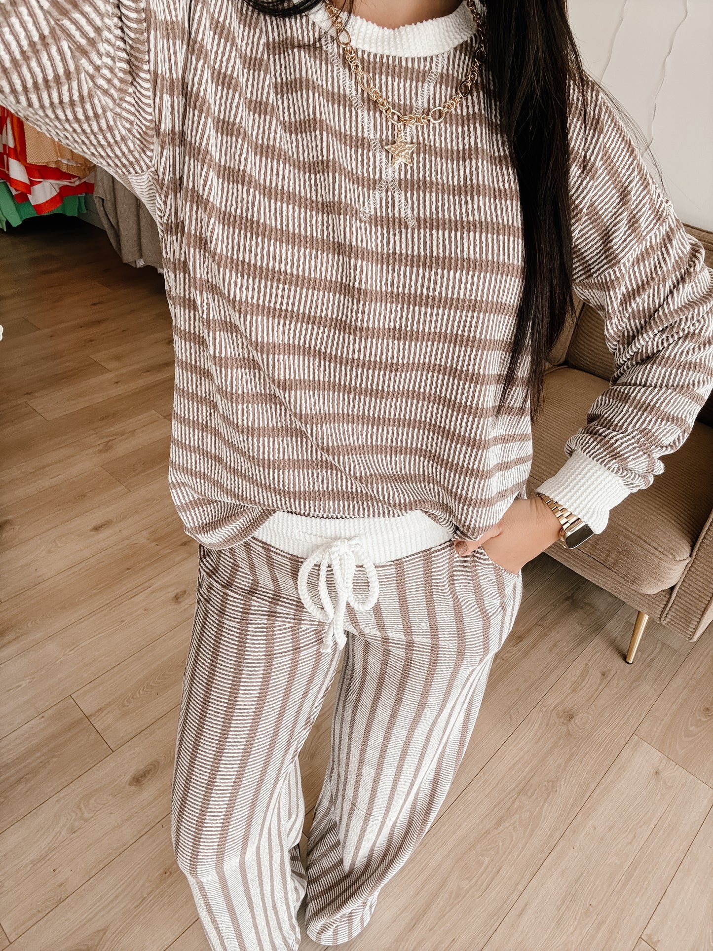 Striped Up Raised Rib Pants Set - Mocha