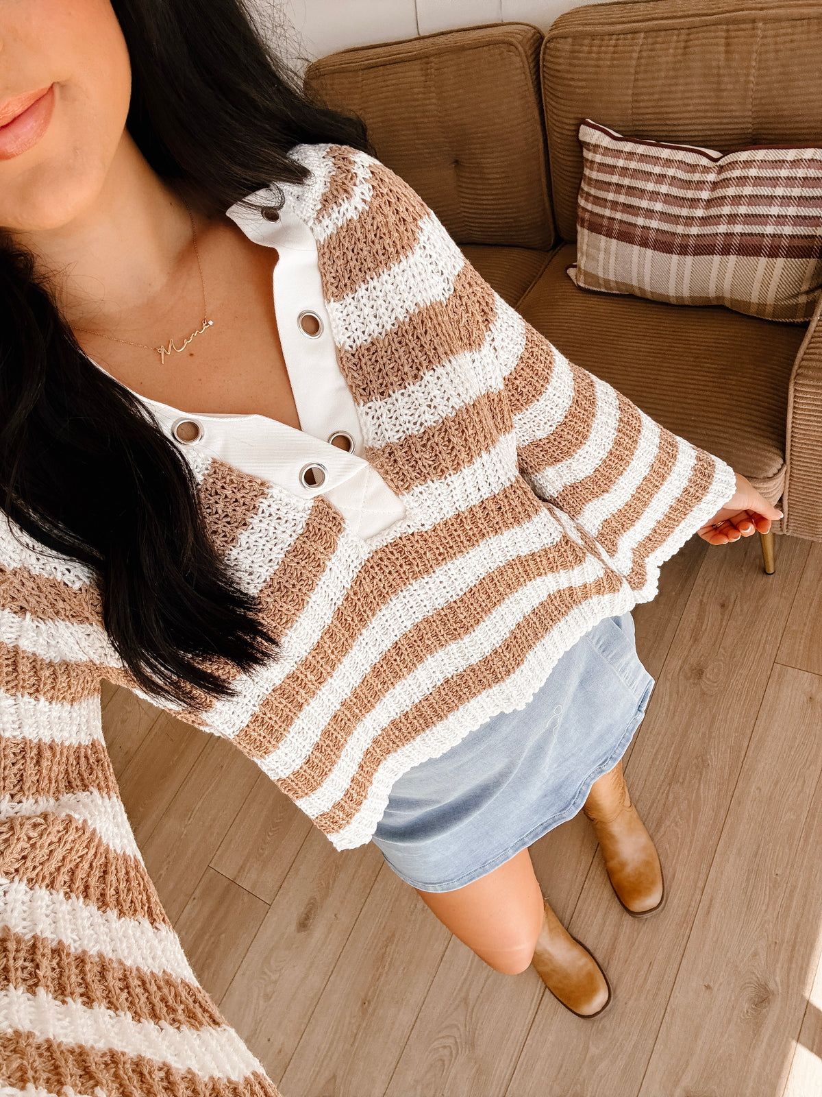 Edith Eyelet Stripe Sweater - Taupe