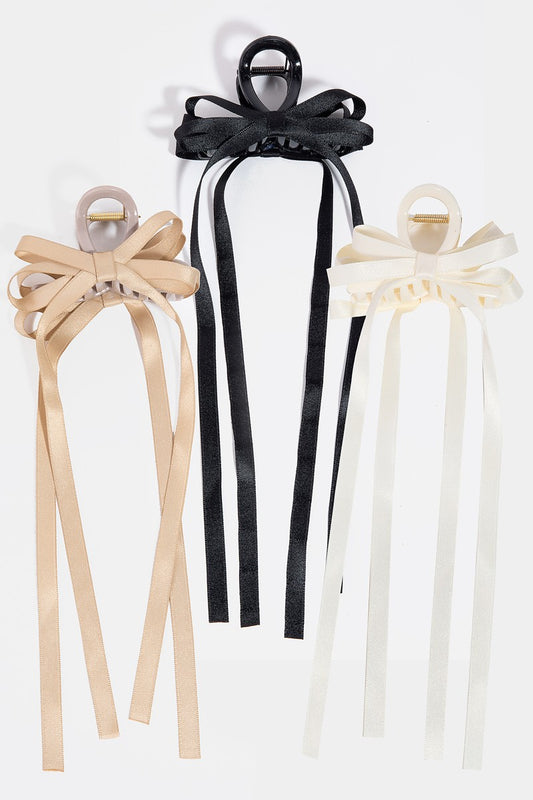 3Pc Long Ribbon Bow Hair Claw Set